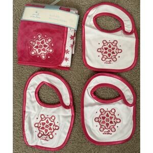 Small Wonders Reversible Receiving Baby Blanket Plush & 3 Matching Bibs Set NEW